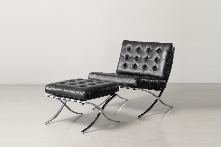 Replica Barcelona Leather Chair + Footstool - Black - 